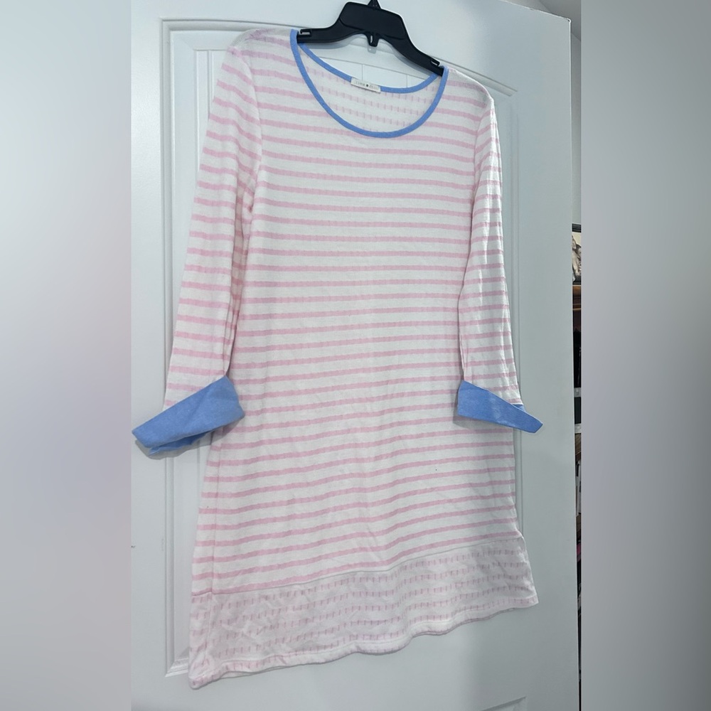 Pink & White Striped Long-Sleeve Dress with Light Blue Trim